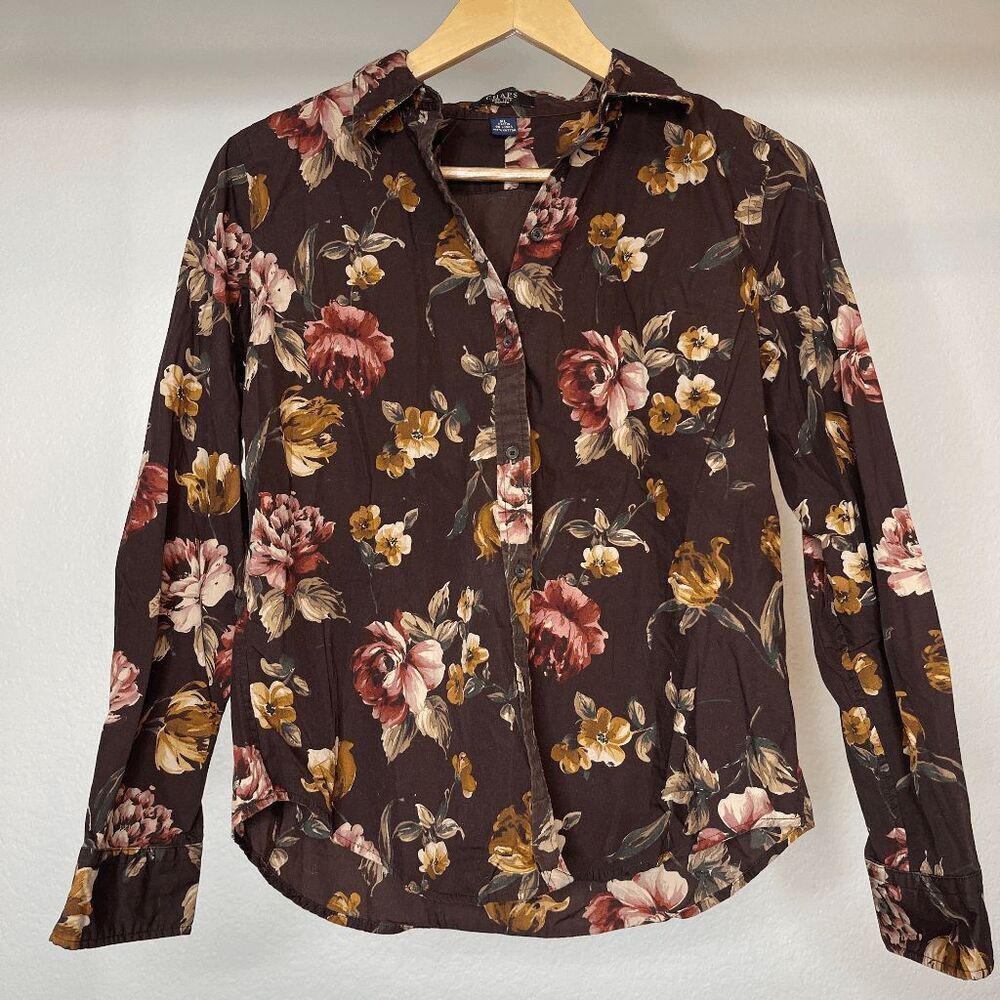 Brown Floral Button Down Long‎ Sleeve Top Petite Large